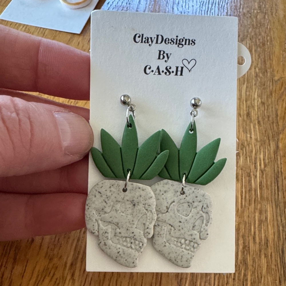Green and Gray Skull Earrings
